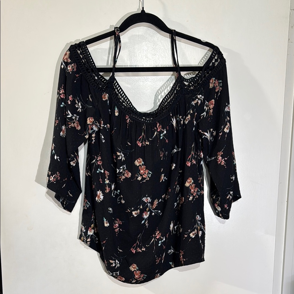 Lovestitch Black Smocked Blouse 3/4 Sleeves and Cold-shoulder Adjustable Strap M
